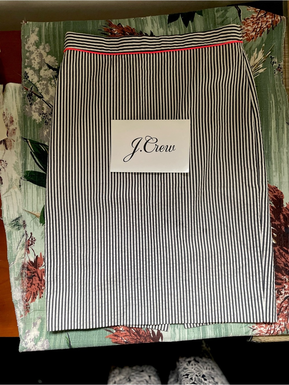 J. Crew Seersucker Pencil Skirt with Hot Pink Piping @ Waistband